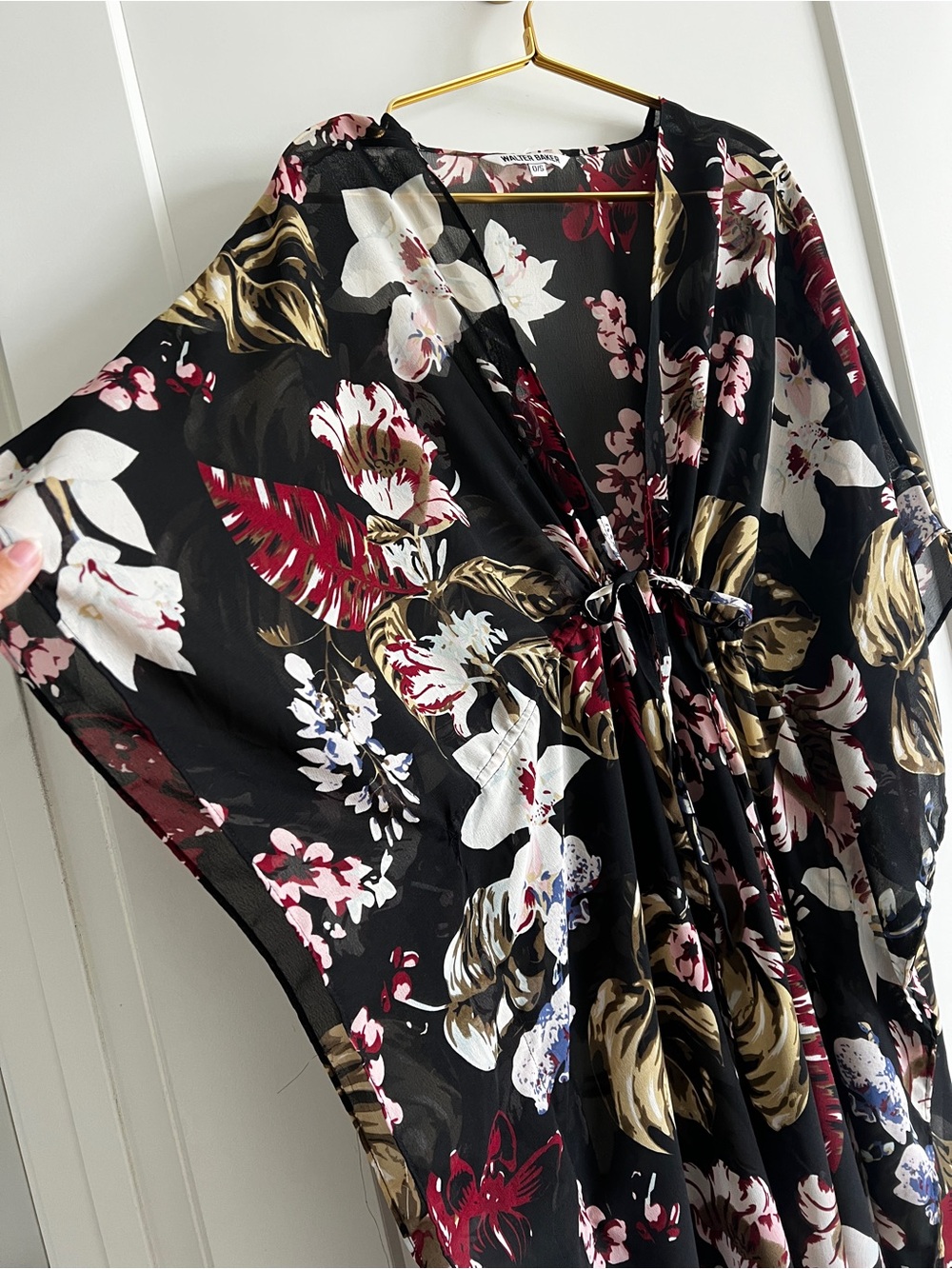 Walter Baker Tulum Floral Caftan Kimono Cover Up OS Black Tropical Resort Duster - Picture 7 of 13